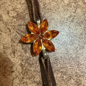 Brown Leather Flower Bracelet Amber Tone Rhinestone Gold Tone